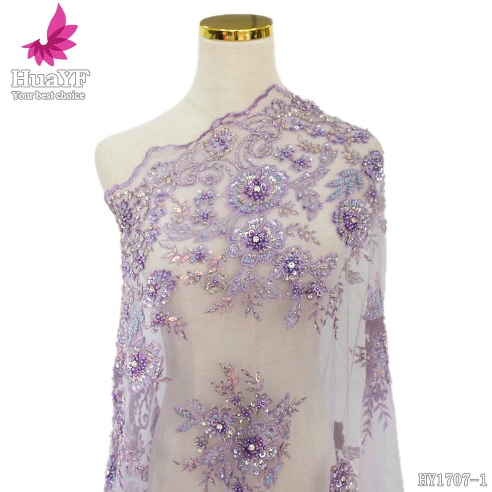 HY1707 Latest French Lilac Bridal Hand Luxury 3d Sequin Beads Flower Lace Fabric Embroidery Tulle Lace