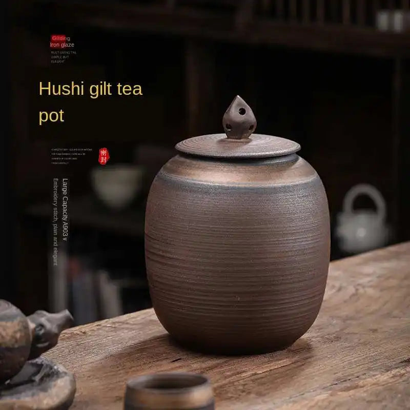 Hu Shi Tea Handmade Coarse Pottery Retro Pu'er Tea Jar Gold Iron Glaze Large sealed Ceramic Storage Jar