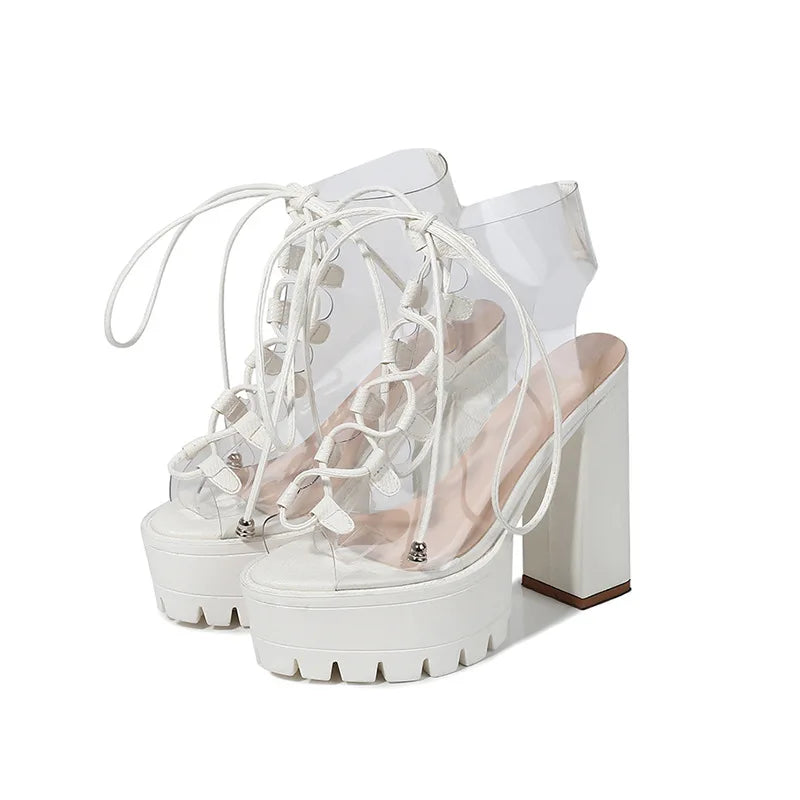 Candy Color Transparent PVC Thick Heel Boots Large Size Lace up Fish Mouth Women's Boots Daily Life Shoes for Women