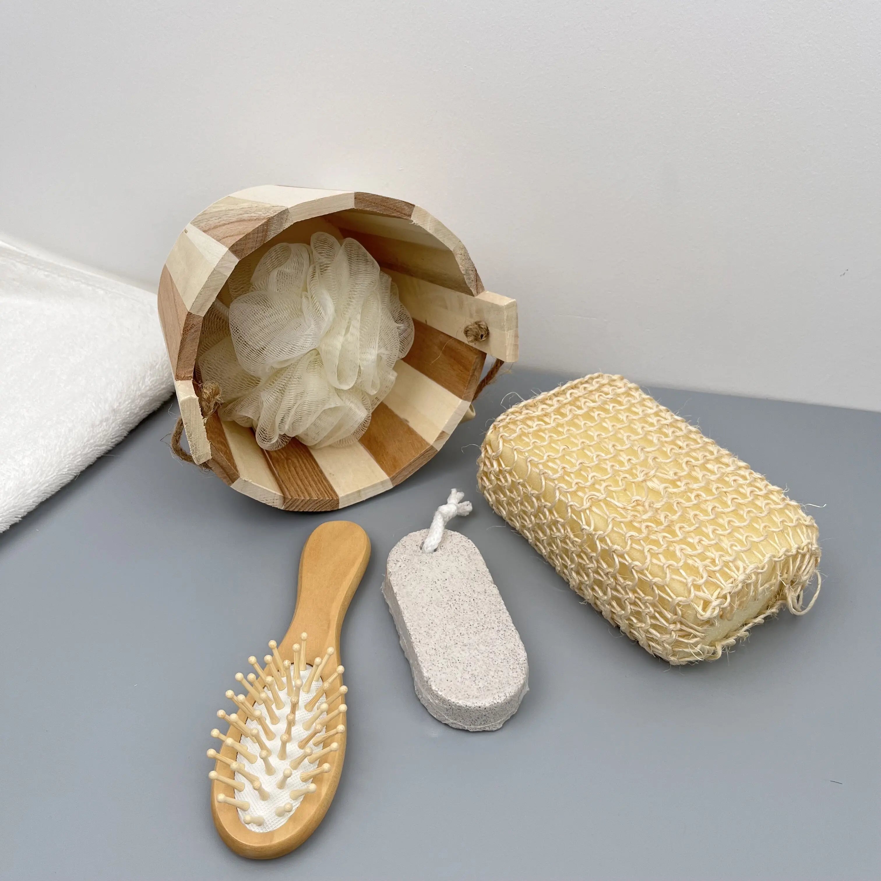 Hot Sale 6PCS Wooden Bath Set Exfoliating Glove Shower Flower Sponge Face Massager Foot Stone with Round Wood Box Bath Supplies