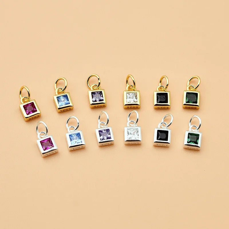 Hot Sale Colourful Zircon Charm Pendant 925 Sterling Silver Square Charm Pendant for Bracelet Necklace Making