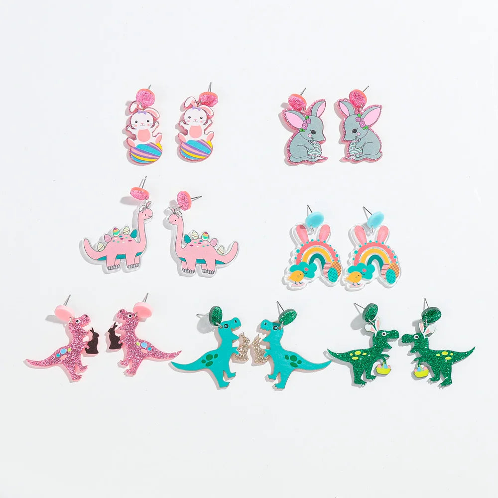 Wholesale Cute Valentine Day Coloured Dinosaur Rabbit Earrings Creative Shiny Acrylic Earrings for Women