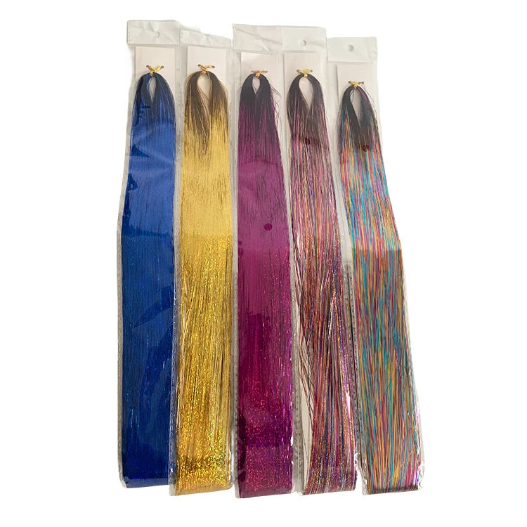 120cm Fashion Shiny Party Highlight Glitter Super Bright Streak Bling Synthetic Fairy Tinsel Single Weft Hair Hair Extension