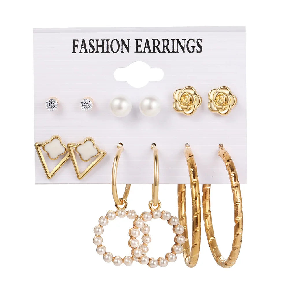 European and American Geometric Stud Earrings 6 Pairs /SET Premium Earrings Pearl Vintage Floral Stud Earrings Set