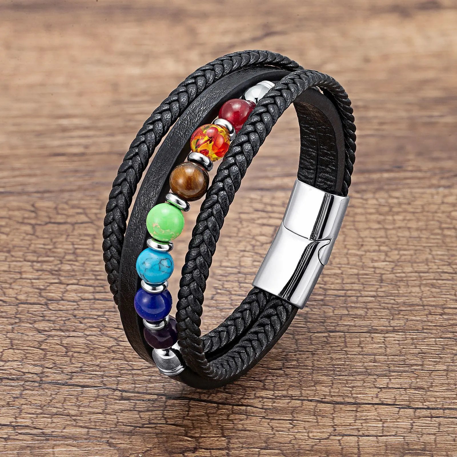New Design Men Bracelet Bangle Multilayer Colorful Beads Stainless Steel Charm Genuine Leather Bracelet SL-287