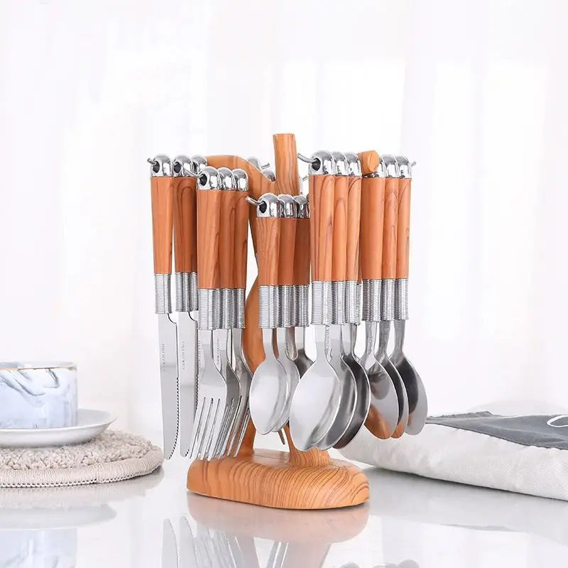 Wholesale Sustainable Stainless Steel 24-Piece Classic American Cutlery Set Mirror Polish Holder Knife Fork Spoon for Home