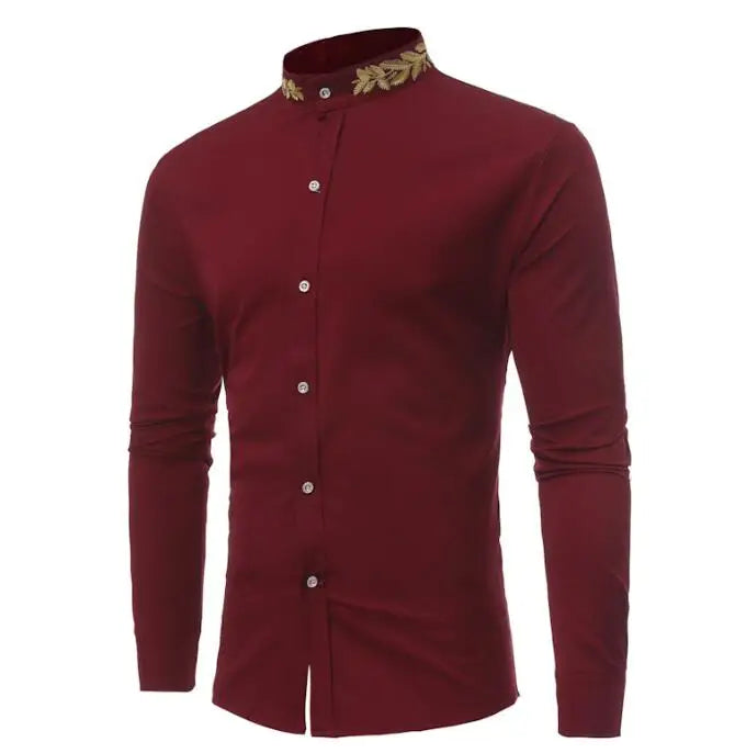 New Autumn Casual Personalized Wheat Ear Embroidered Standing Collar Shirt for Men's Long Sleeved Shirt
