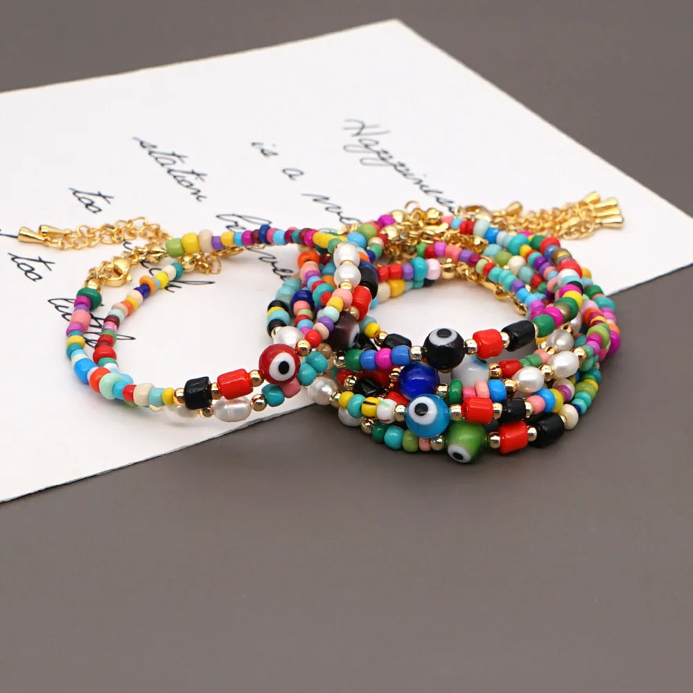 Bohemian Beach Rainbow Glass Seed Beads Bracelet Jewelry Evil Eye Beaded Bracelet Women