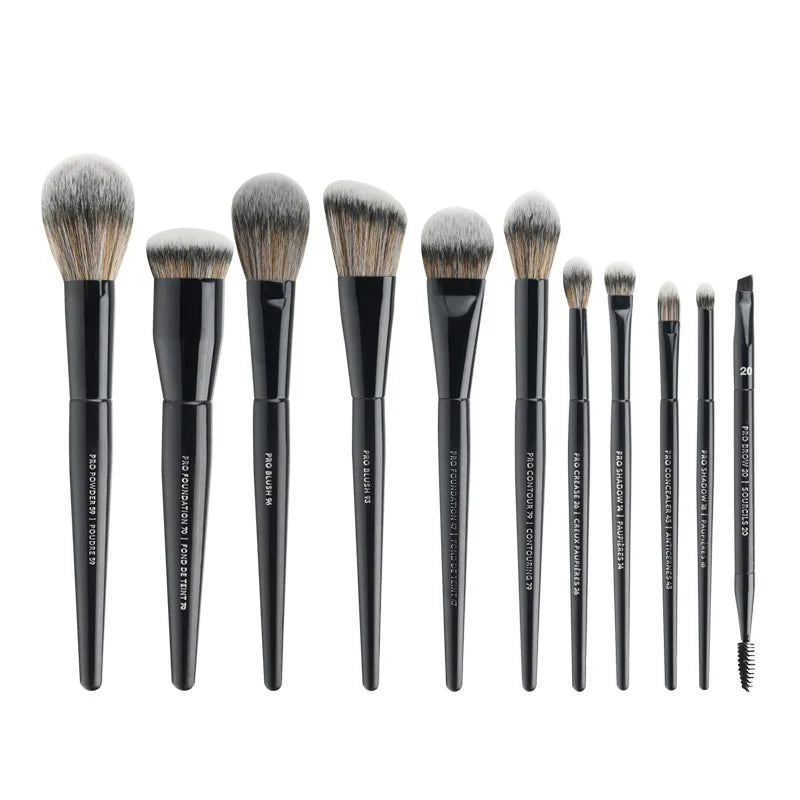 11-Piece Set of New Powder Eye Shadow Blush Contour Flat Makeup Brushes Black Synthetic Hair Wood Handle Single Brush Foundation