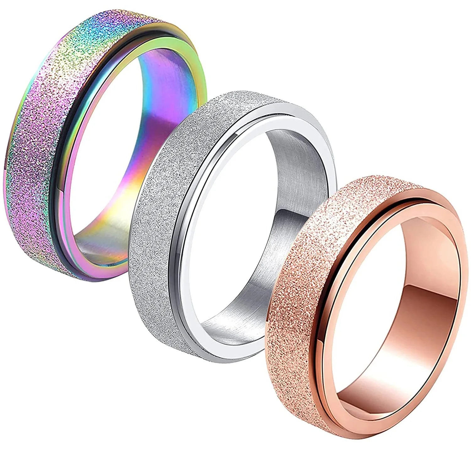 Fashion Sand Blast Glitter Rose Gold Silver Color Wedding Rings Titanium Stainless Steel Fidget Spinning Anxiety Ring for Men