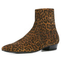 European American Men's Casual Boots Ankle Height with Leopard Print Pointed Toe Genuine Leather Lining Cowboy Style Shoes