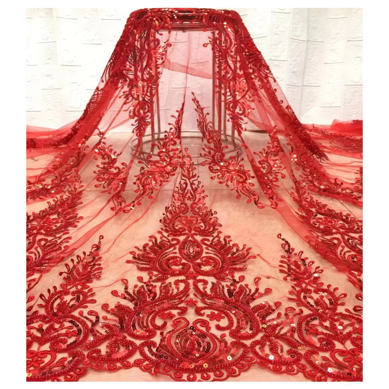 Embroidered 3d Flower Red Wedding Dress Beaded Sequin Lace Garment Clothing Fabric