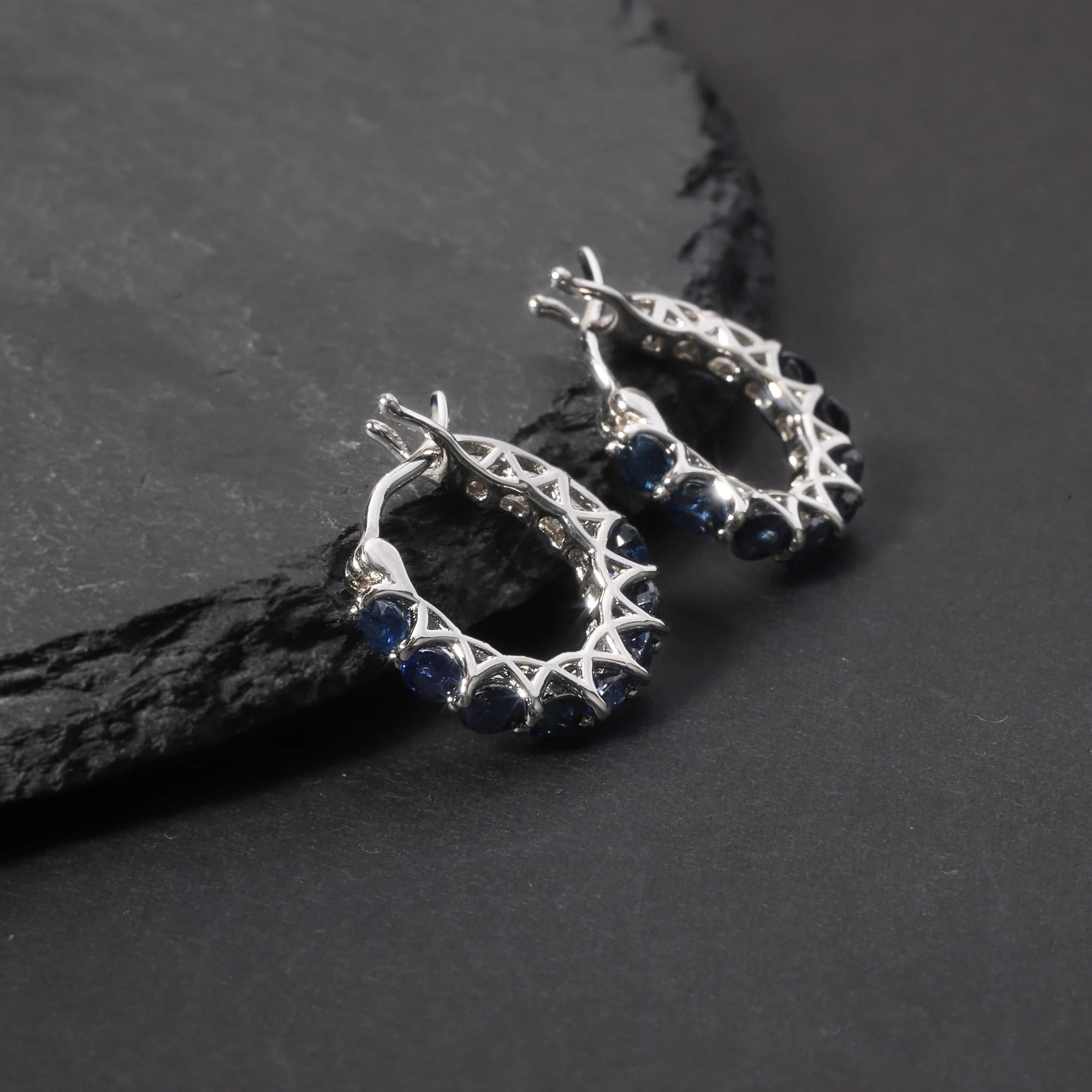 RZ0014 Abiding Fine Jewelry Inside Outside Drop Hoops Blue Diffusion Sapphire 925 Sterling Silver Small Huggie Hoop Earring