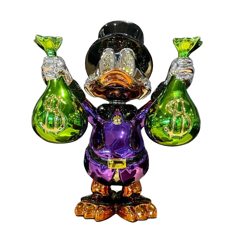 Custom 3D Resin Animal Statue Modern Chrome Duck Scrooge Sculpture for Art Design Gold Electroplating Two Money Bag Ornament