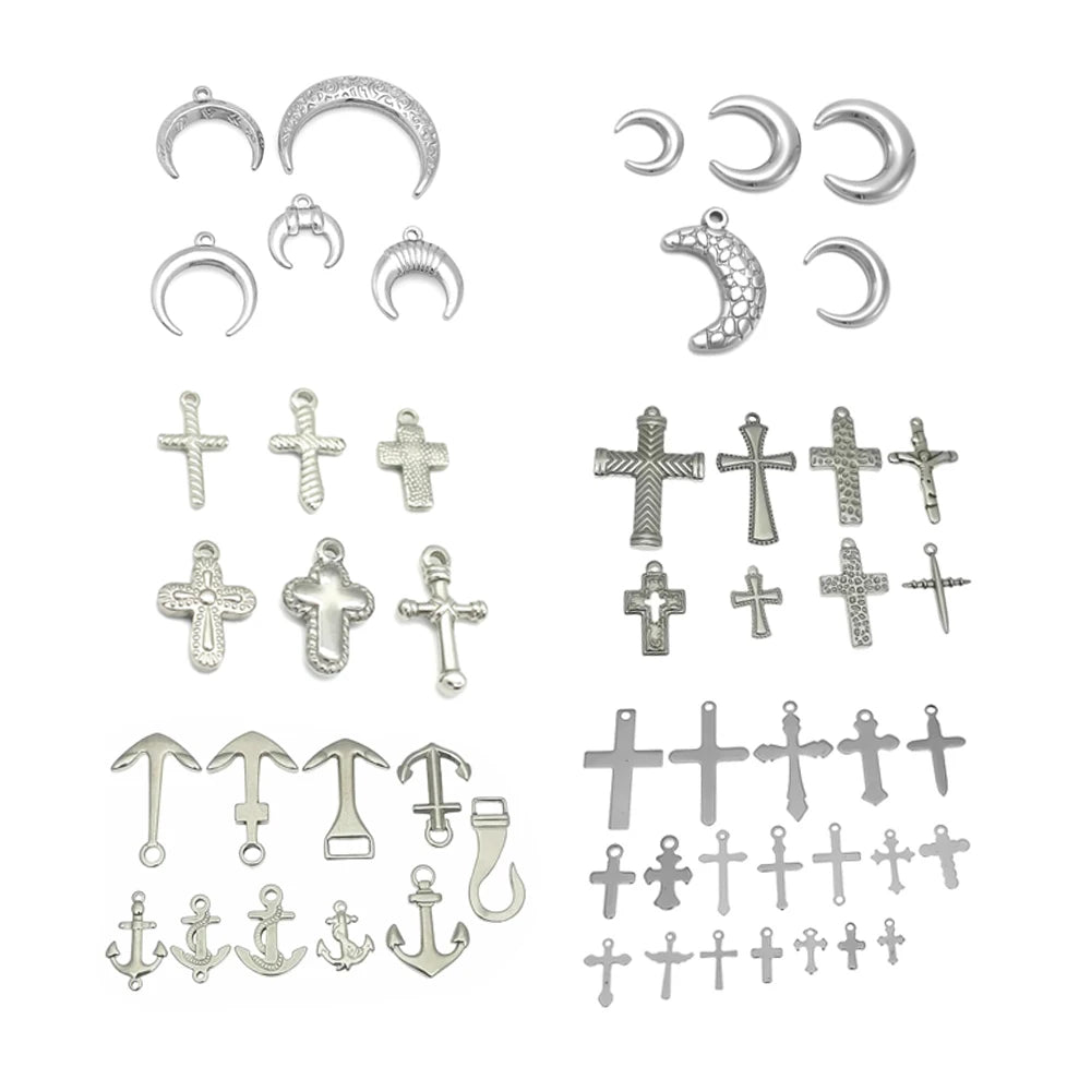 20-100pcs/bag Stainless Steel Hammered Cross Filigree Tags Engraved Moon Pendant Plain Anchor Shaped Charms DIY Jewelry Making