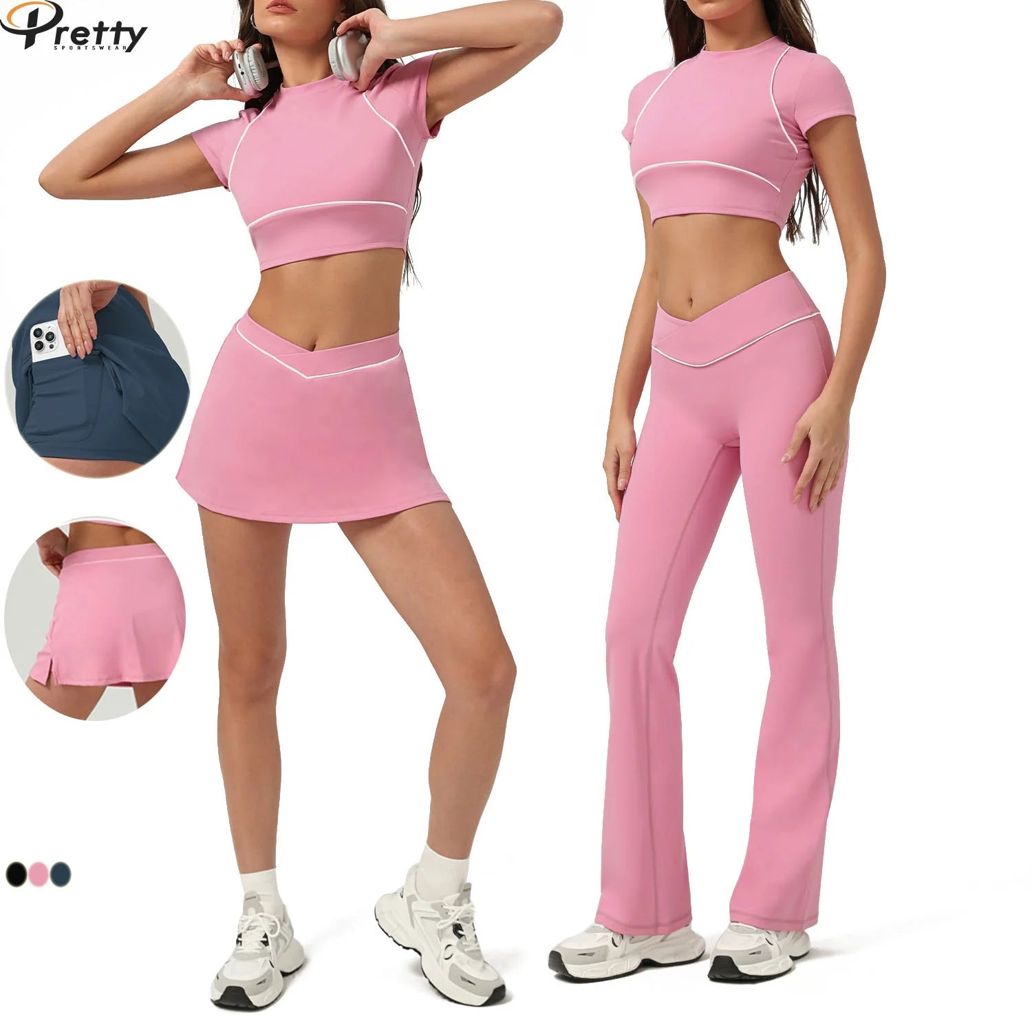 Women Tennis Set Fashion Contrast Color Women Yoga Wear Sport Crop Top and V Tennis Skirts With Built-In Shorts Custom Logo