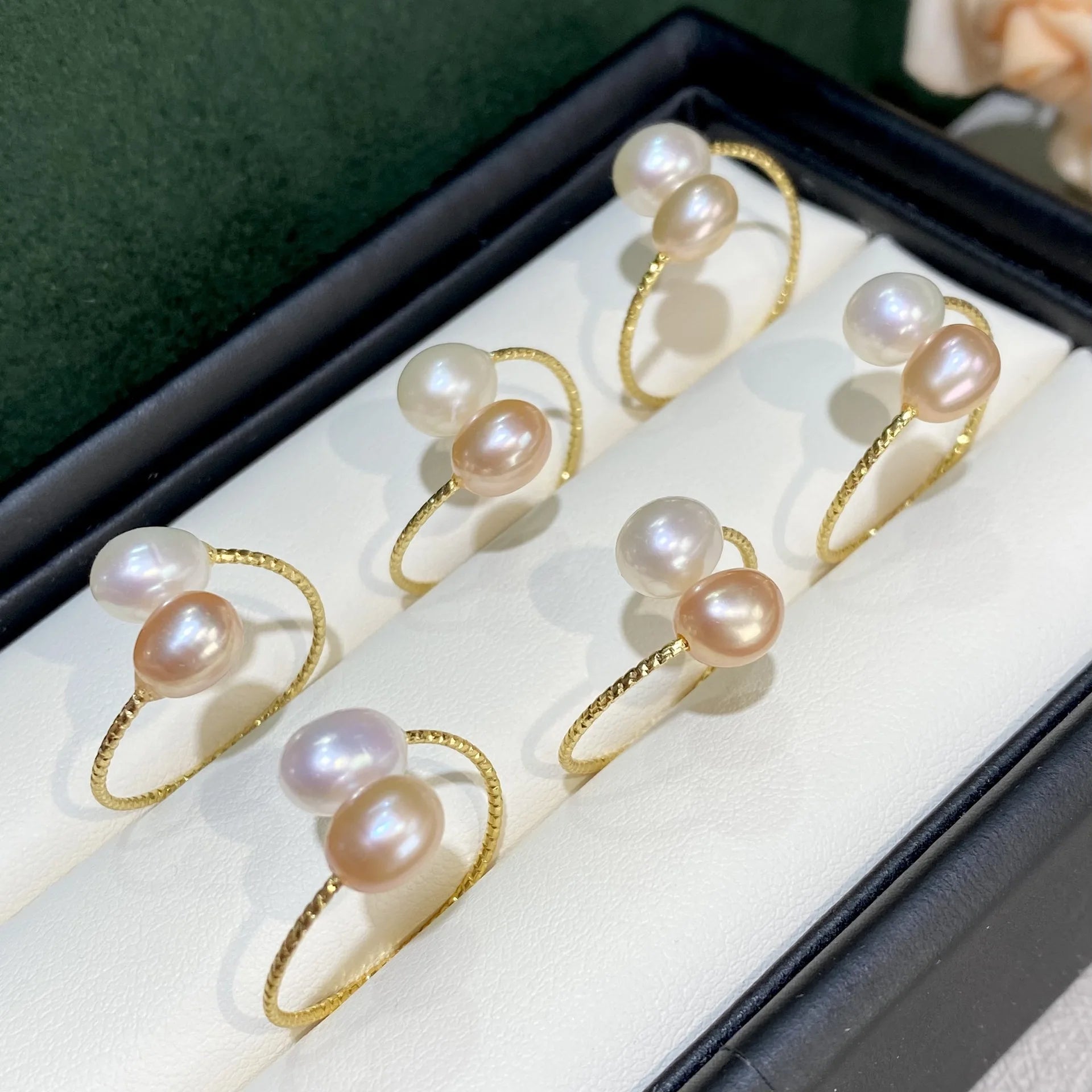 Fashion Gold Plated Natural Freshwater Pearl Adjustable Ring Rose Flower Pink Pearl Jewelry Rings
