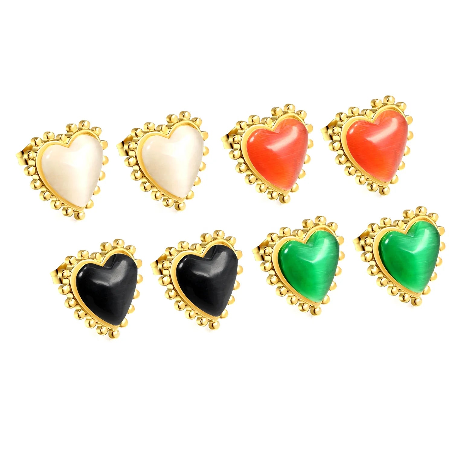 New Trend Custom Stainless Steel Heart Stud Earrings Multicolor Cat Eye Stone with Gold Plating for Women's Fashion Gift Giving