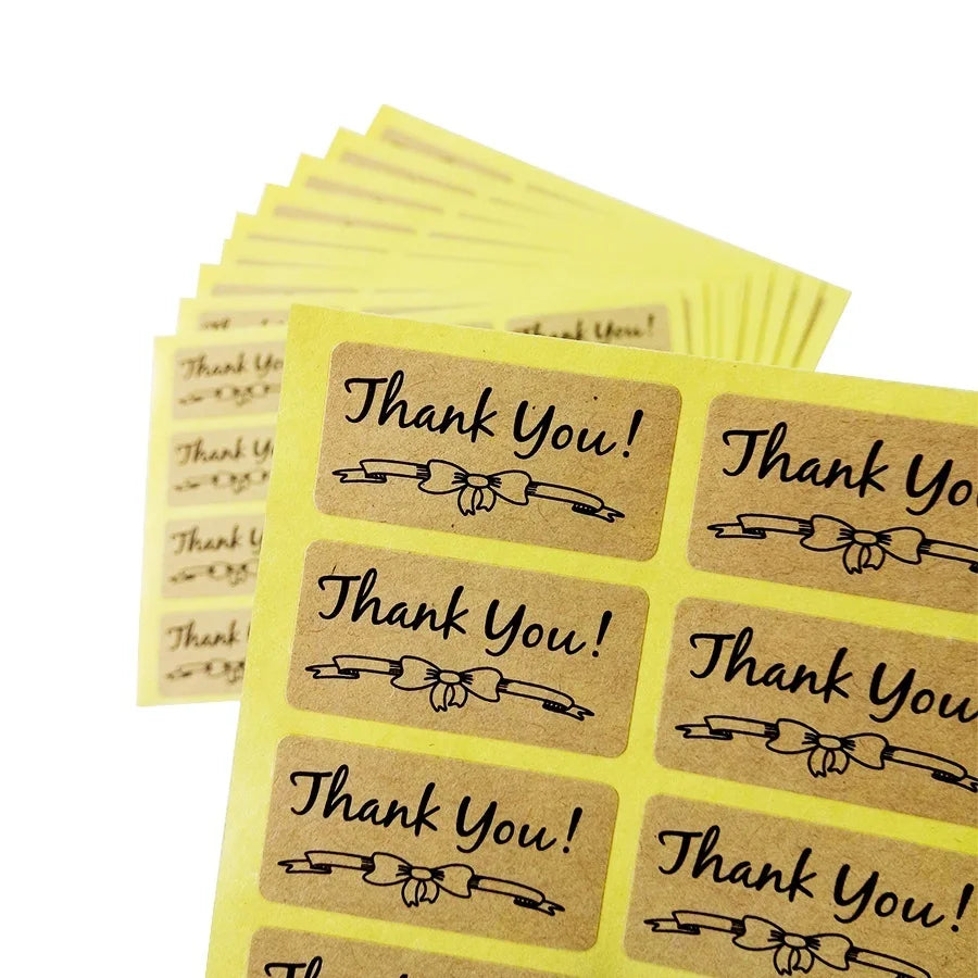 120pcs Per Pack Rectangle Bow Pattern Thank You Kraft Paper Sealing Sticker for Handmade Products Package Label