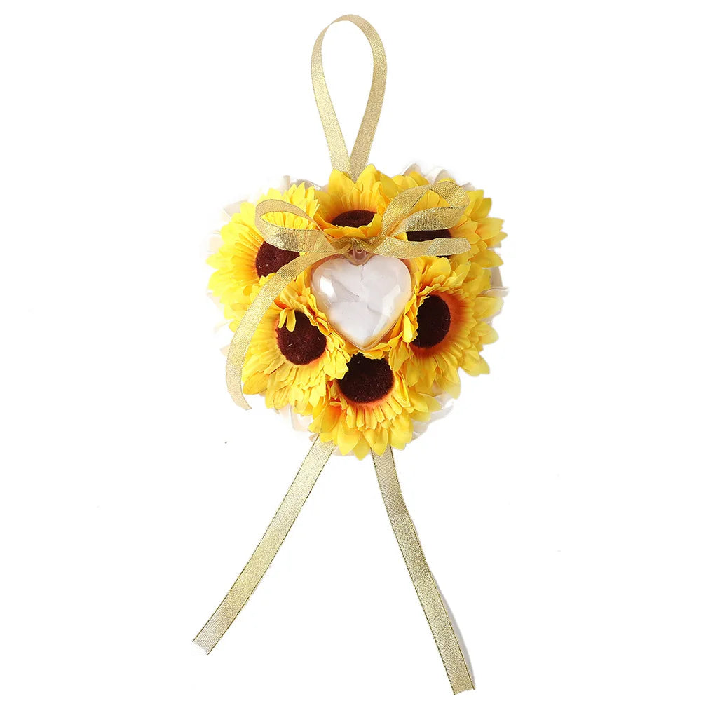 Elegant Sunflower Wedding Ring Pillow with Hanging Ring Box Western Bridal Flower Girl Accessories Wedding Decoration