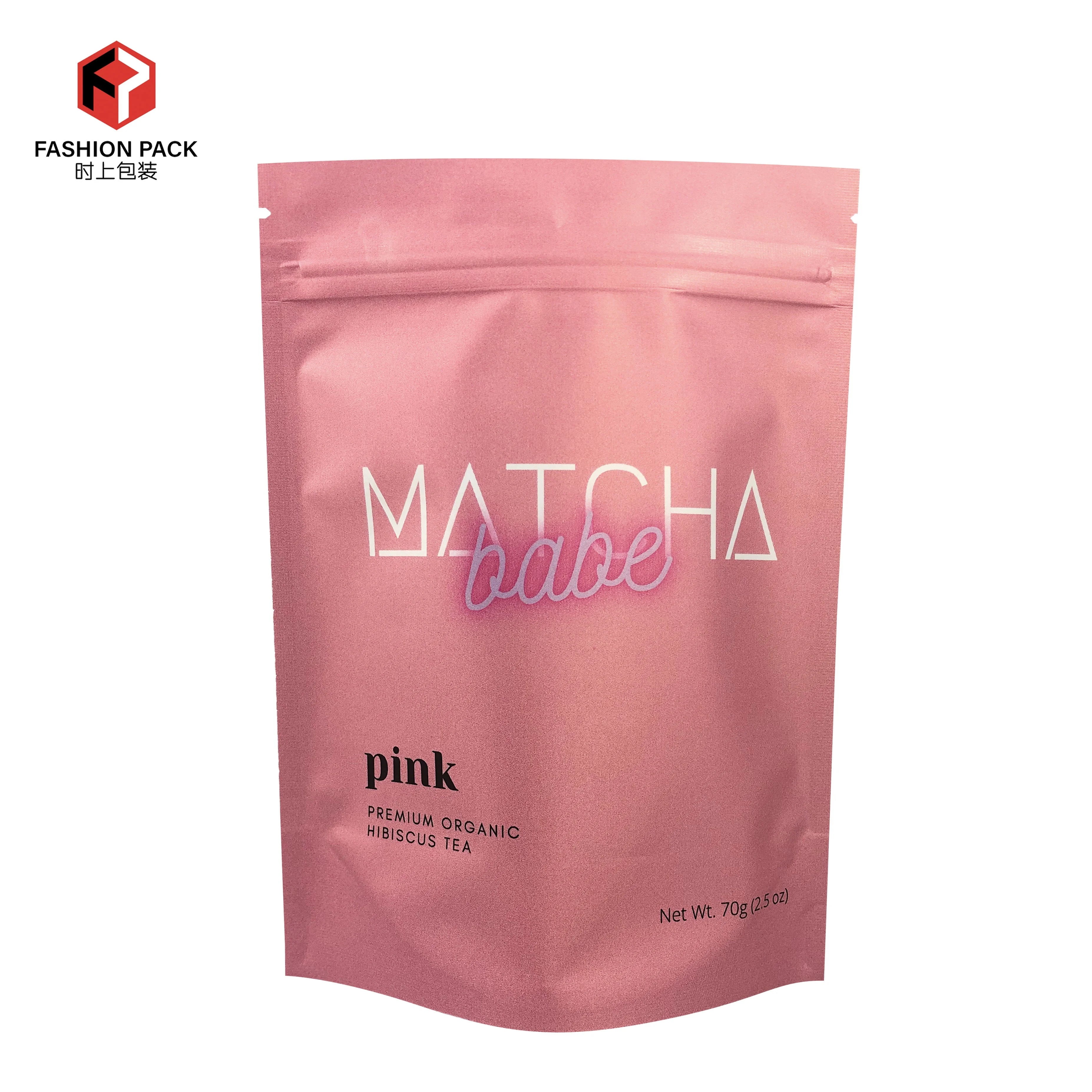 Wholesale Matte pink Coffee Matcha Tea Bags Plastic Packaging Bags for Coffee Zip Lock Aluminium Foil Reusable Food Packaging