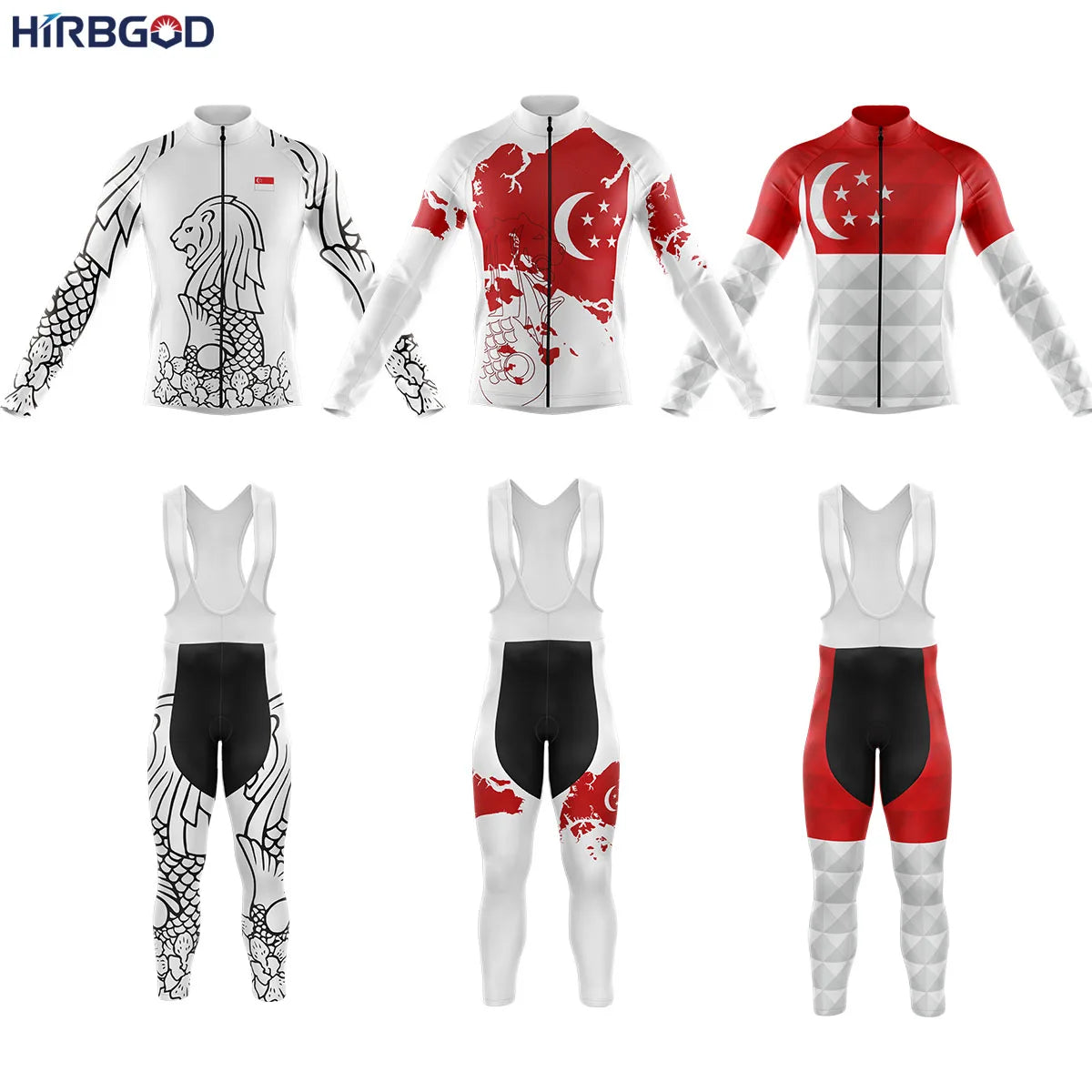HIRBGOD Men's Popular Cycling Jersey Long Set Quick-dry Bike Apparel Singapore Cycling Long Bib Gel Padded Pants
