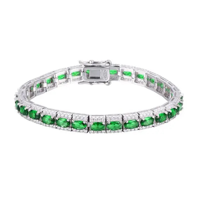 925 Sterling Silver Oval and Round Sparkling Cubic Zirconia CZ Green Simulated Emerald Tennis Bracelet for Women