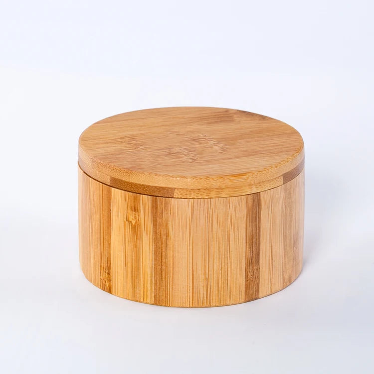 Bamboo Spice Salt Pepper Box with Ceramic Hinged Pot Includes 1 Magnetic Spoon and 1 Sectioned Wood Salt Pig for Herbs