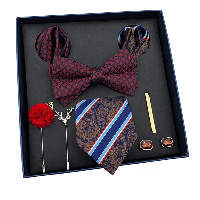 High Quality Silk Polyester Necktie Set With Lapel Pin Men's Gift Ties Box Set Butterfly Knot Bow Tie Necktie and Hanky Set