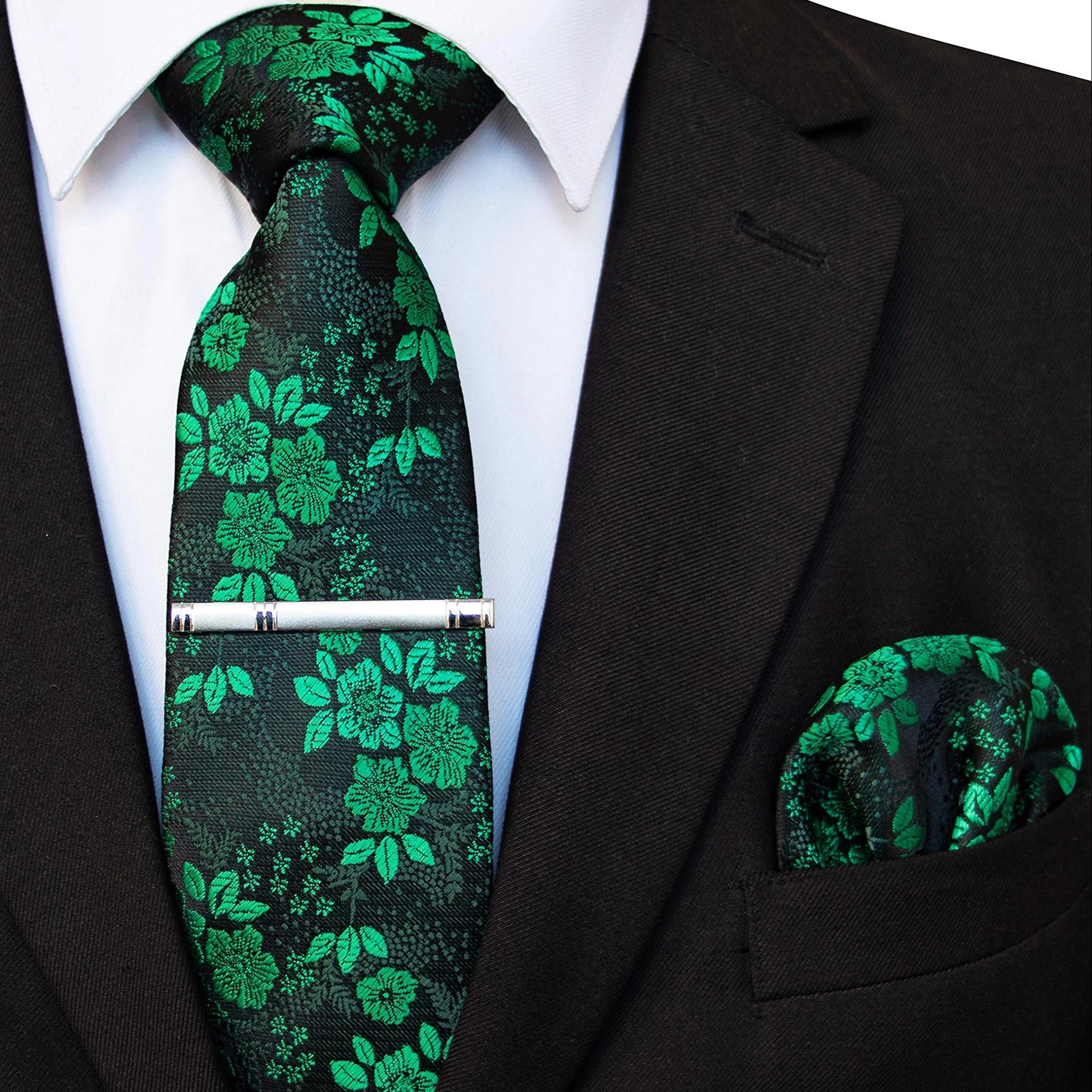 8cm Silk Jacquard Necktie Set Floral Tie and Pocket Square Tie Clip Set for Men