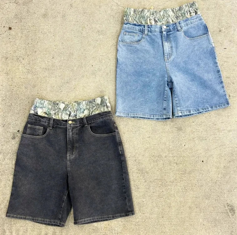 High Quality Custom Streetwear Men's Denim Shorts Jean Shorts  High Baggy Oversize with Double Waisted Belt Plain Blank Design
