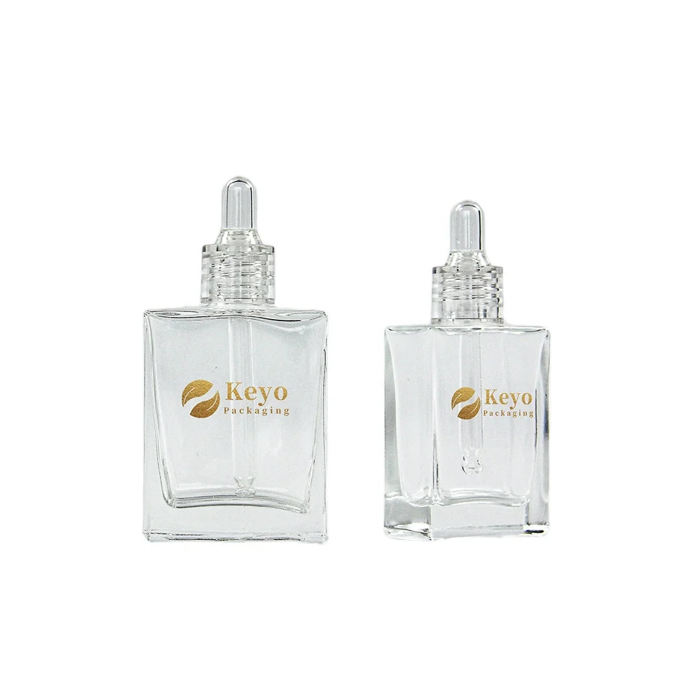 New All Clear Transparent Glass Hair Oil Skincare Packaging Serum Bottle Set-50ml 30ml 100ml Sizes Square Quality Dropper Bottle