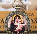 Round Nostalgic Antique Spring Switch Long Chain Necklace and Virgin Mary Stainless Steel Quartz Pocket Watches