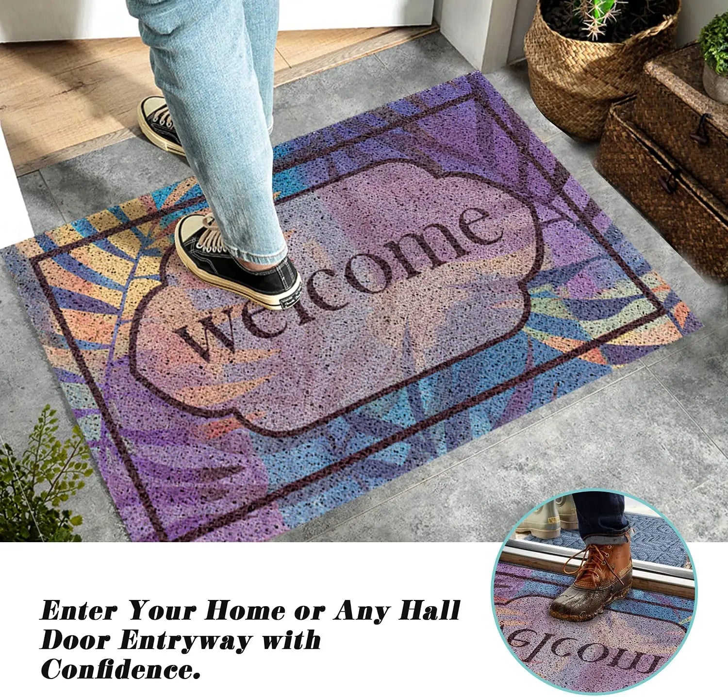 Front Door Mat Welcome Mats with PVC Spinning Fall Doormat Anti Slip Backing Outdoor Porch Decor Entrance Shoe Boot Mat