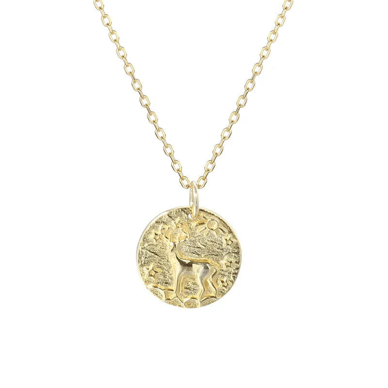 Rainbowking Vintage S925 Sterling Silver Engraved Elk Charm 18k Gold Plating Round Pendant Necklace Jewelry for Women and Girls