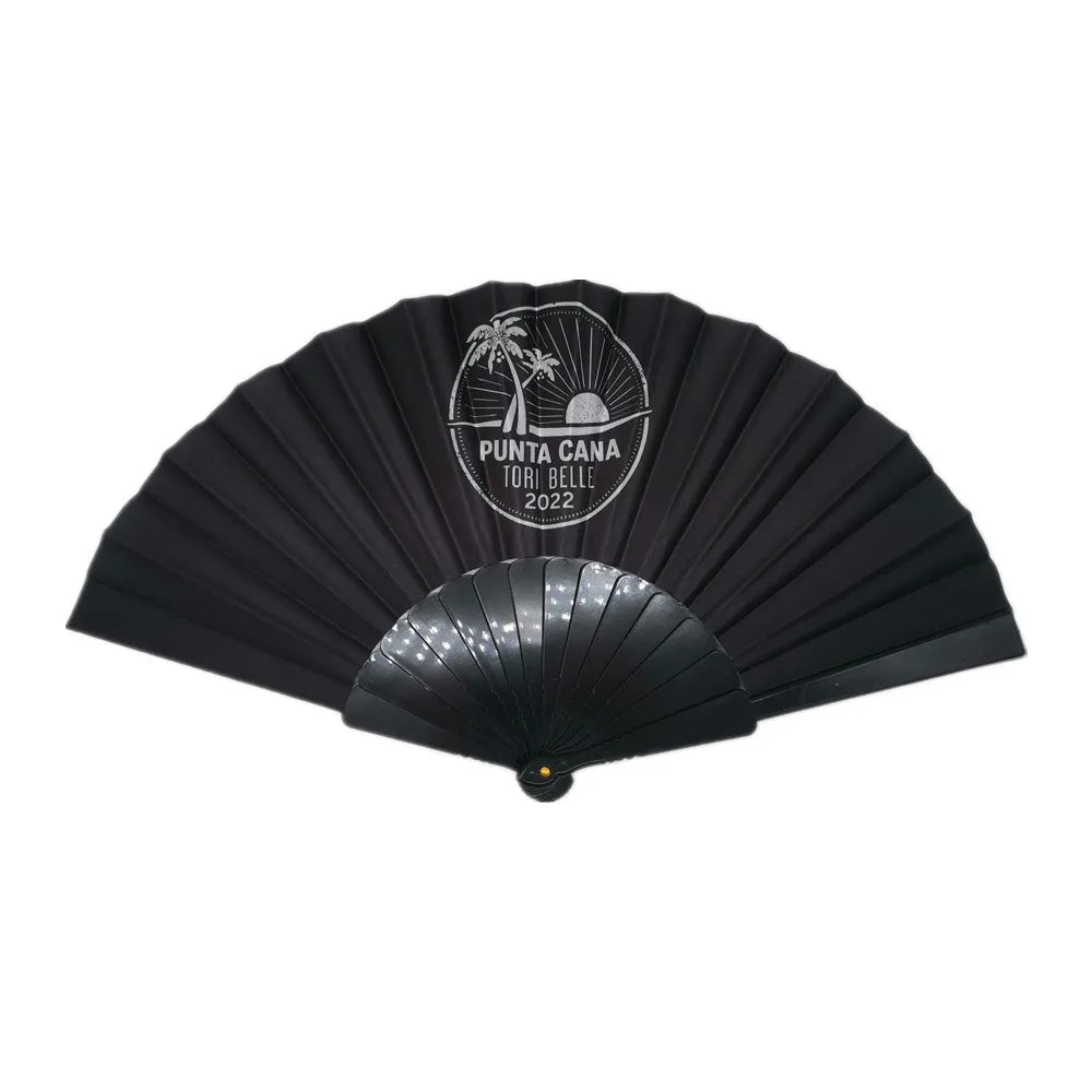 2022 New Arrival Plastic Craft Black Hand Fan Manual Satin Fabric Hand Held Fan