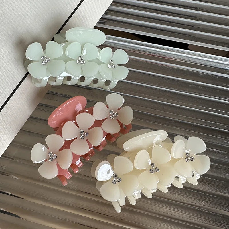 Spring Acetic Acid Hair Clip Sweet Three-dimensional Flower Rhinestones Delicate Back Head Shark Clip
