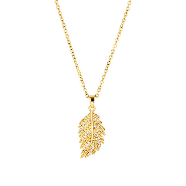 Wholesale Stainless Steel Women 18k Gold Plated Personality Trend Diamond Zircon Large Feather Necklace
