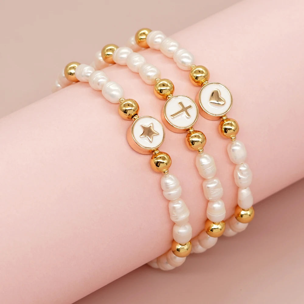 Go2boho Freshwater Pearl Gold Bead Enamel Heart Cross Star Bracelets for Women Friendship Boho Jewelry Fashion Popular in Summer