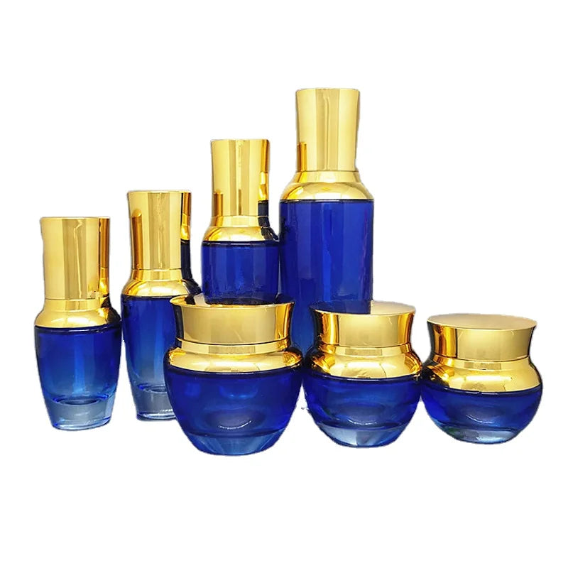 Sengmi S5 20g 30g 50g Cream Jar 20ml 30ml 50ml 120ml Lotion Bottle Low MOQ Gradient Blue Empty Glass Cosmetic Packaging Set