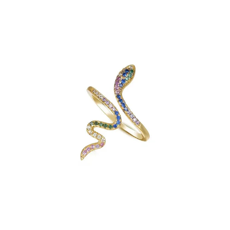 Hot Sale 925 Sterling Silver Micro-inlaid Colorful rainbow Zircon Snake Shaped  Adjustable Women Ring