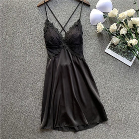 High Quality Silky Nighty Lace Sexy Backless One Piece Nightgowns Silk Satin Feeling Nightdress Sleepwear for Women
