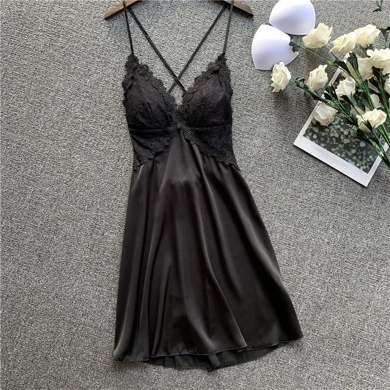 High Quality Silky Nighty Lace Sexy Backless One Piece Nightgowns Silk Satin Feeling Nightdress Sleepwear for Women