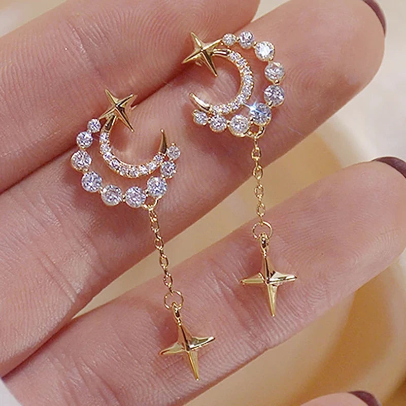 CAOSHI OEM Customized New Style Korean Trendy Long Drop Dangle Cubic Zircon Ladies Moon Star Women Stud Earring