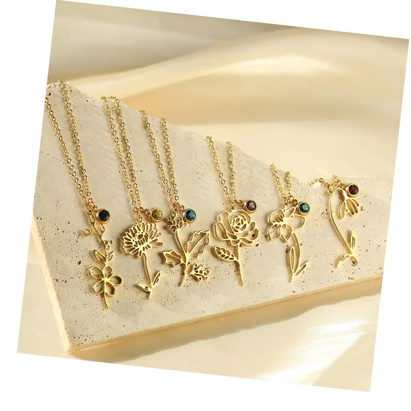 DAIHE Fashion 18k Gold Plated Stainless Steel Necklace Flower Birth Month Stone Necklace Crystal Zircon Rose Pendant