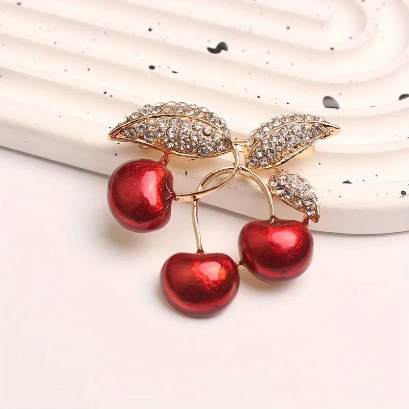 Women Men Creative Cherry Crystal Enamel Badges Brooches Fashion Shining Rhinestone Fruit Pins