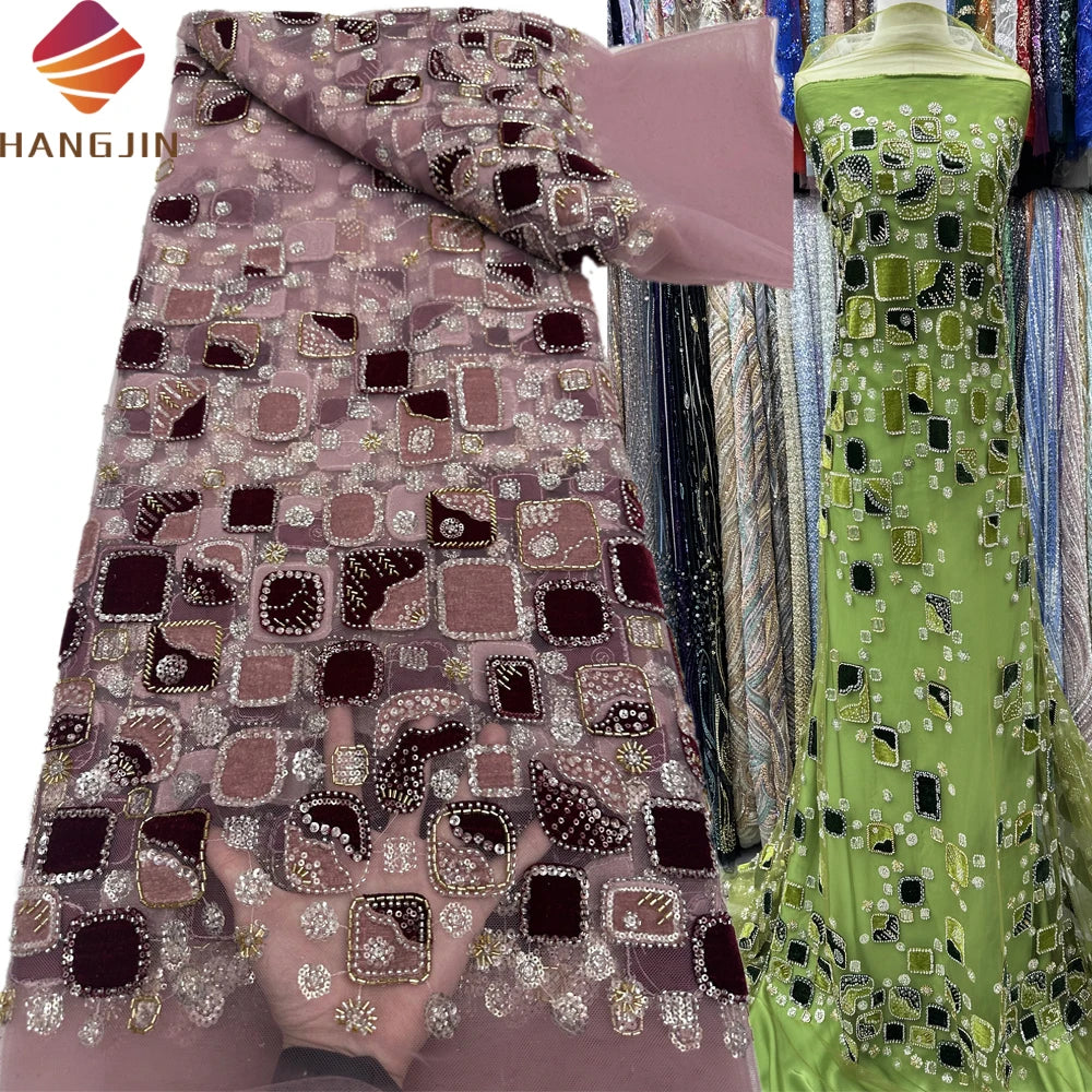 2025 Luxury African Lace Fabric Elegant Velvet Mesh Embroidery with French Beaded Tulle for Bridal Wedding Dresses Party Wear