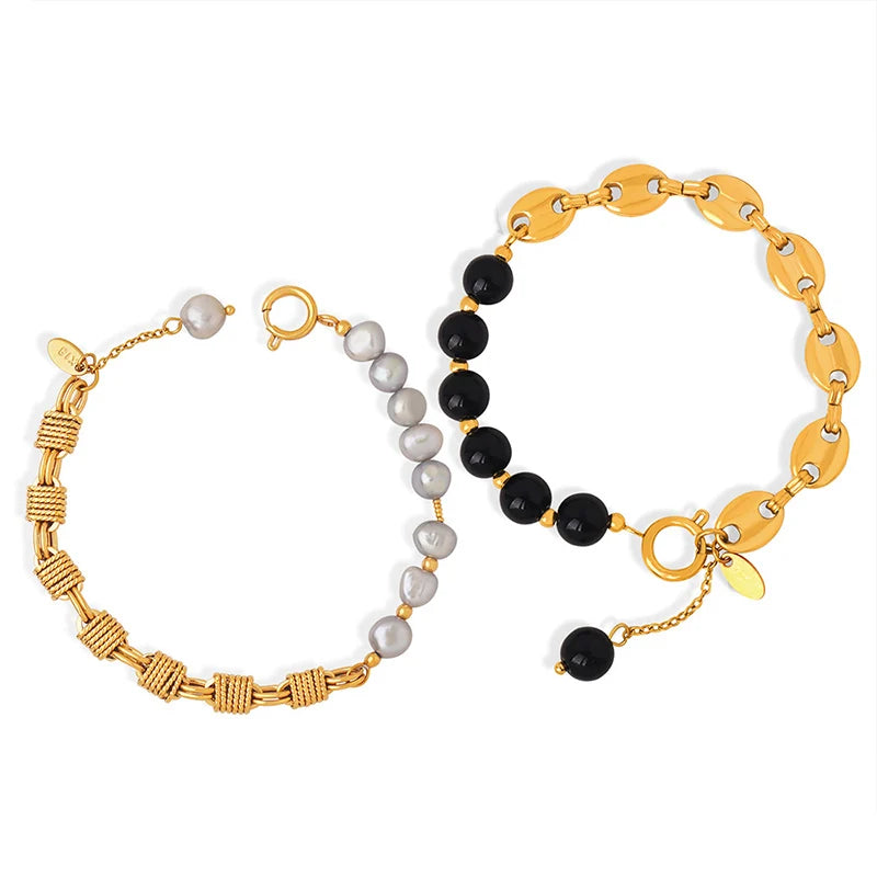 Personalized Design Fashion Freshwater Pearl Agate Stainless Steel Gold Plated Bracelets Bangles