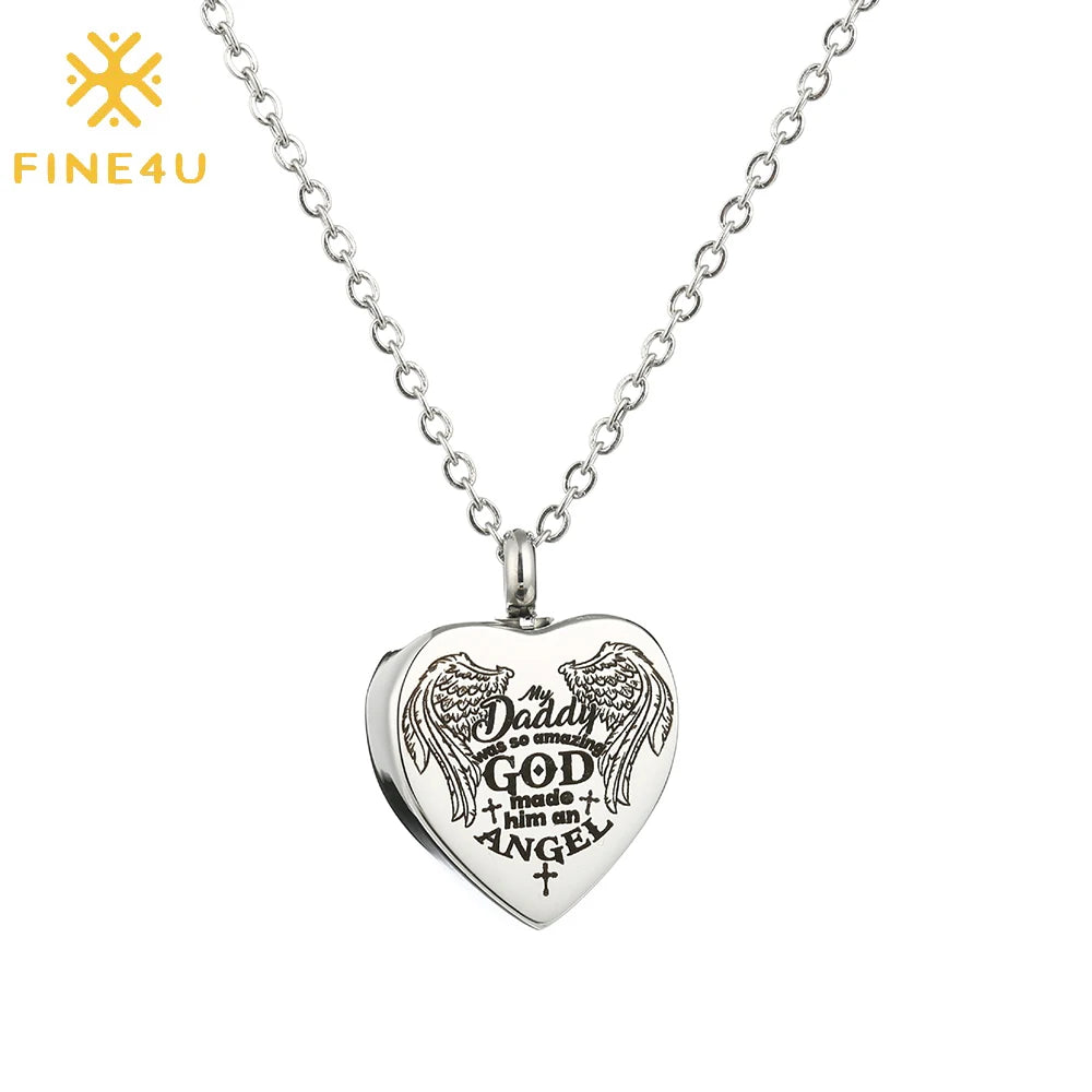 Stainless Steel Heart Shape Angel Wings Custom Urn Jewelry Cremation Pendant Necklace for Ashes