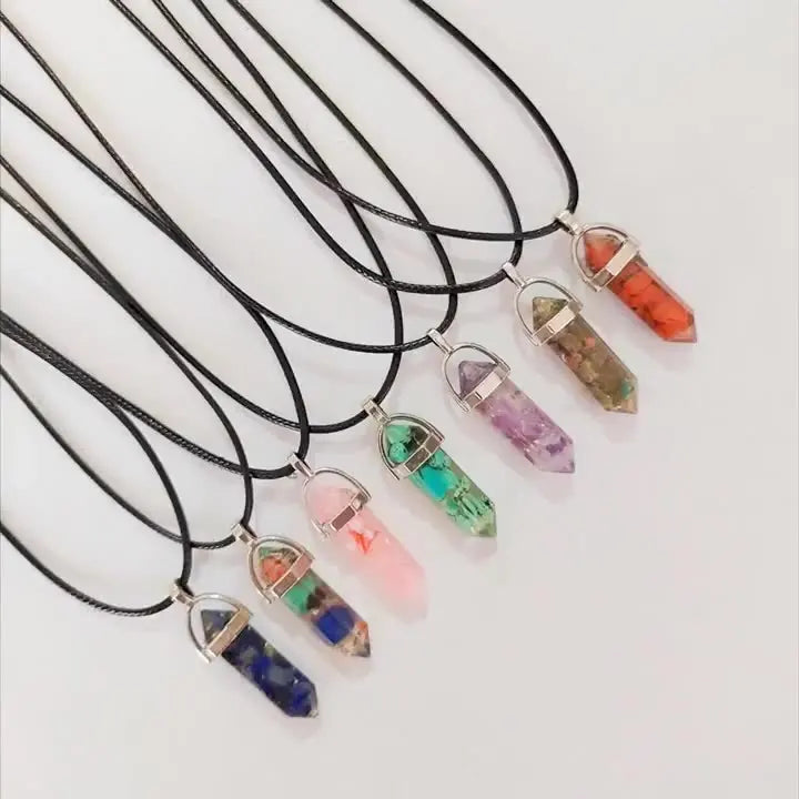 Color Hexagonal Column Bullet Agate Pendant Citrine Necklace Natural Energy Necklace for Gift